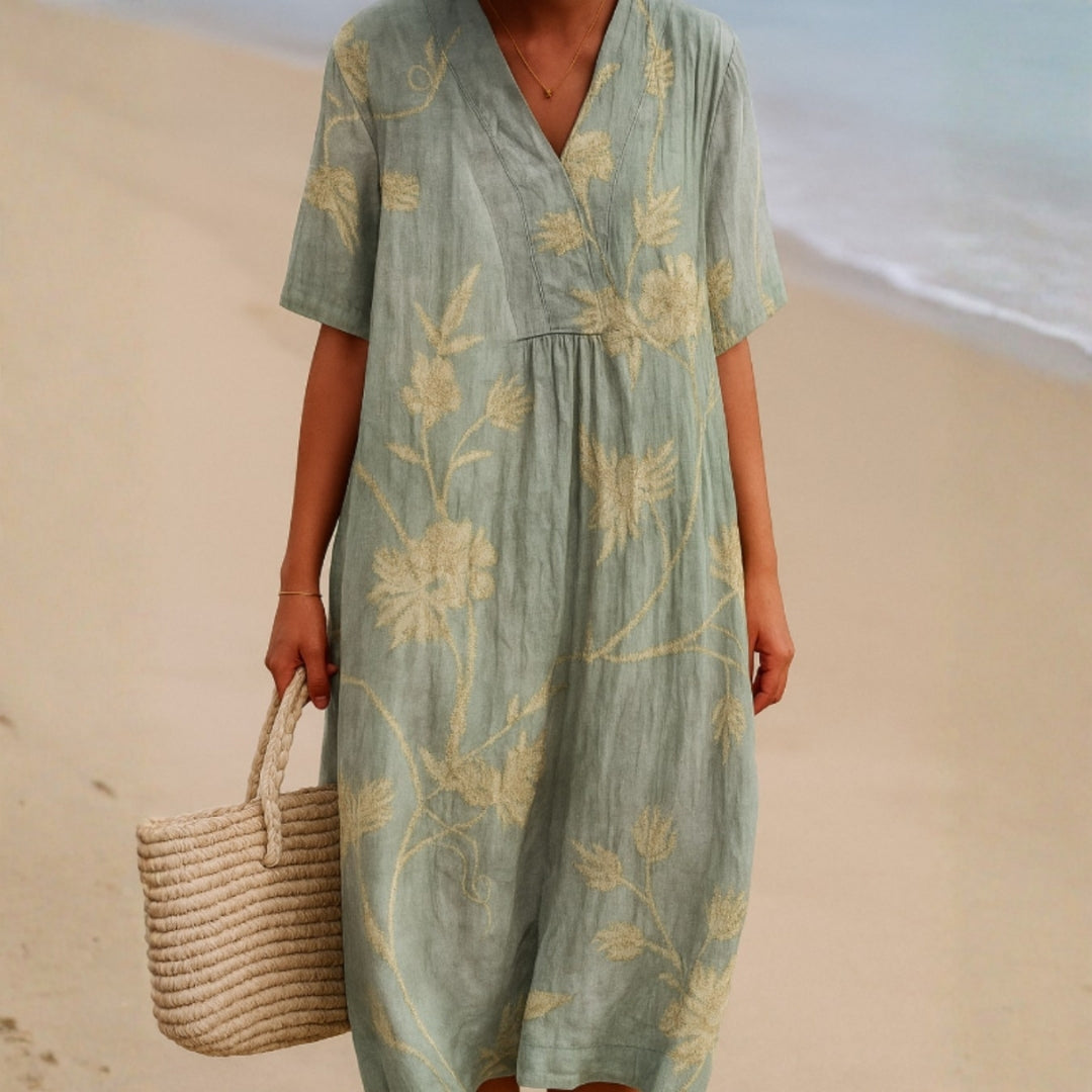 Klementīne™ | Zilpelēka Kleita ar Ziedu Izšuvumu