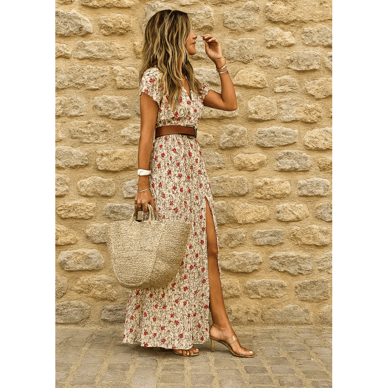 Maiken™ - Garā bohemas kleita ar plisētu jostasvietu