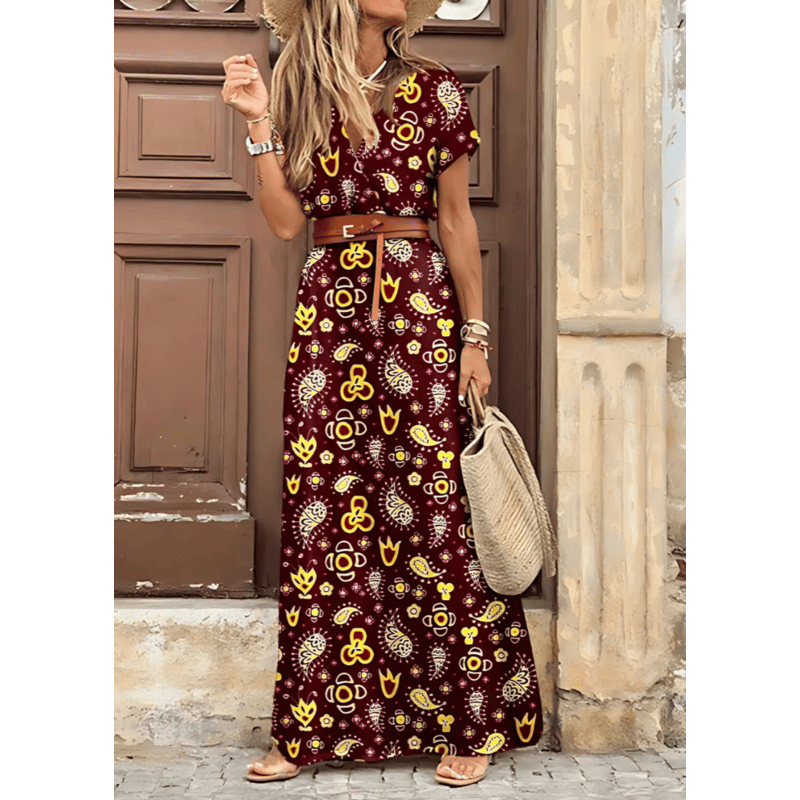 Maiken™ - Garā bohemas kleita ar plisētu jostasvietu