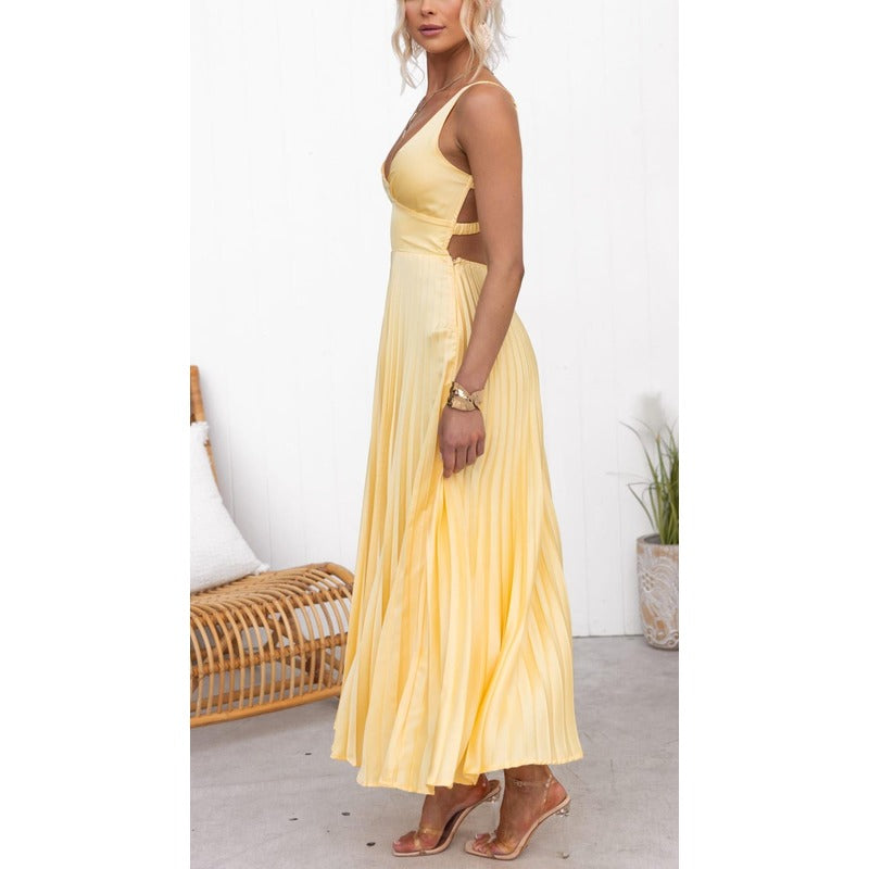 Aby - Gul maksi kleita ar plisētu V-veida izgriezumu