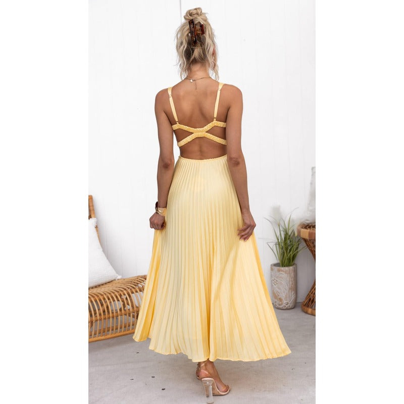 Aby - Gul maksi kleita ar plisētu V-veida izgriezumu
