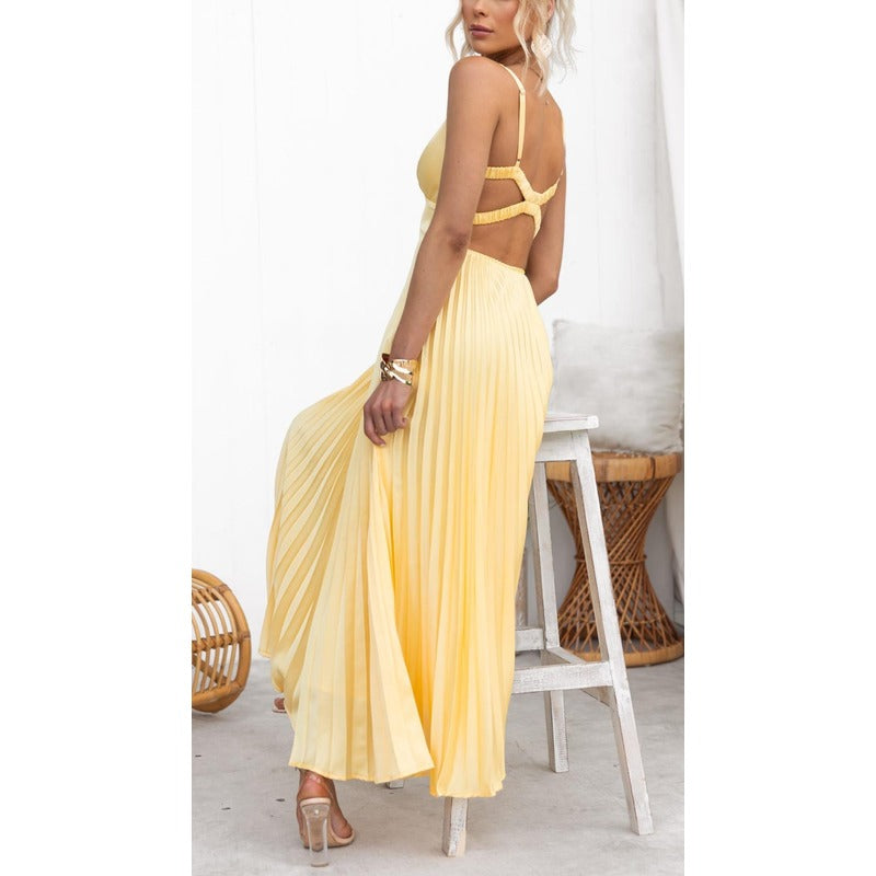 Aby - Gul maksi kleita ar plisētu V-veida izgriezumu