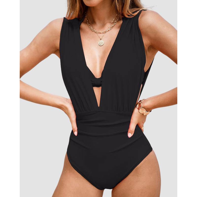 Luksusformējoša peldkostīms ar dziļu V-veida kakla izgriezumu un siksnām