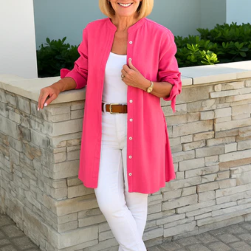 Louise™ | Vienkrāsaina krekla blūze ar lentu piedurknēm