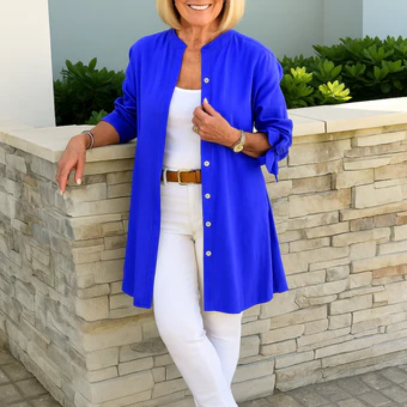 Louise™ | Vienkrāsaina krekla blūze ar lentu piedurknēm