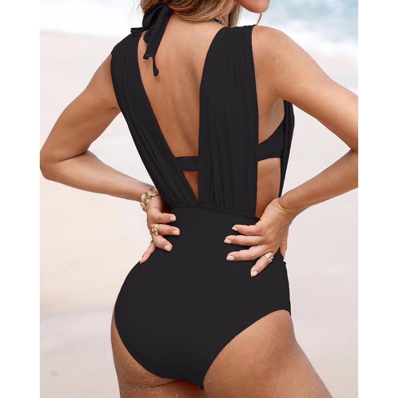 Luksusformējoša peldkostīms ar dziļu V-veida kakla izgriezumu un siksnām