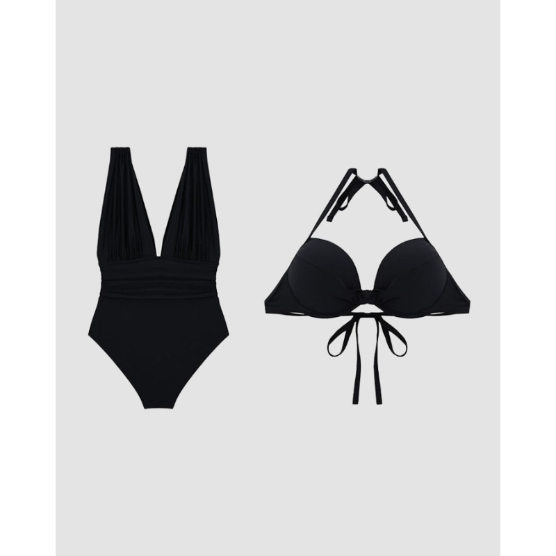 Luksusformējoša peldkostīms ar dziļu V-veida kakla izgriezumu un siksnām