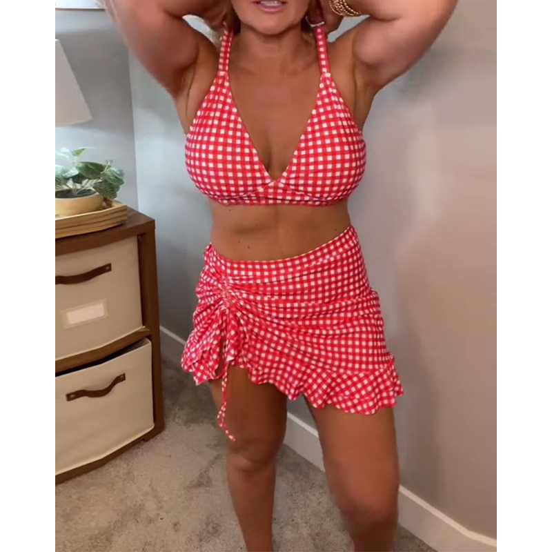 Peldkostīms ar brīviem siksnām un rūtainu rakstu, divdaļīgs