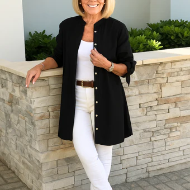 Louise™ | Vienkrāsaina krekla blūze ar lentu piedurknēm