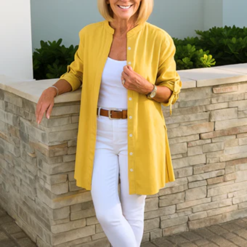 Louise™ | Vienkrāsaina krekla blūze ar lentu piedurknēm