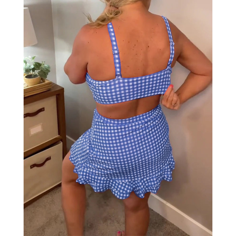 Peldkostīms ar brīviem siksnām un rūtainu rakstu, divdaļīgs