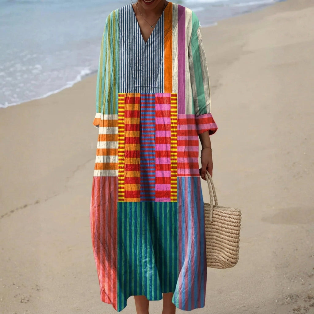 Ēva™ | Gara Daudzkrāsaina Patchwork Kleita