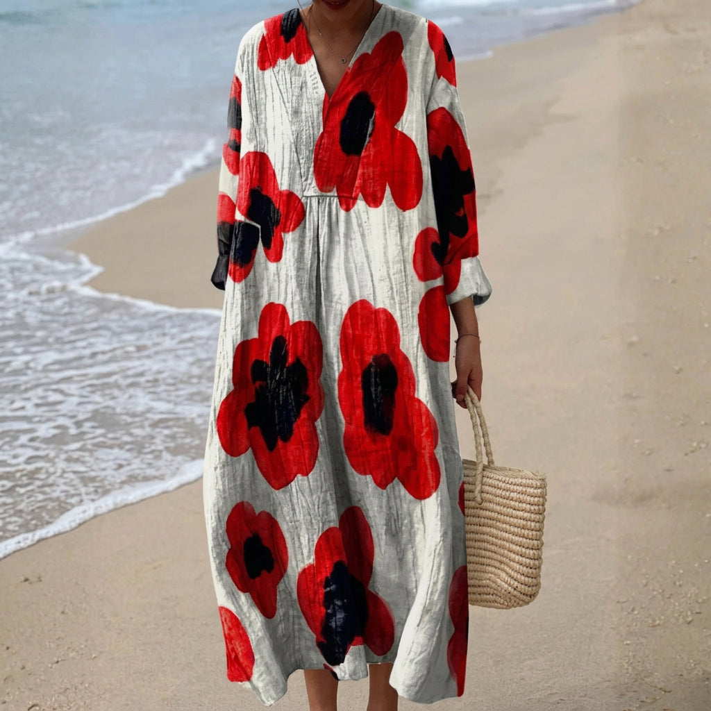 Elva™ | Sarkanā Ziedu Maxi Kleita