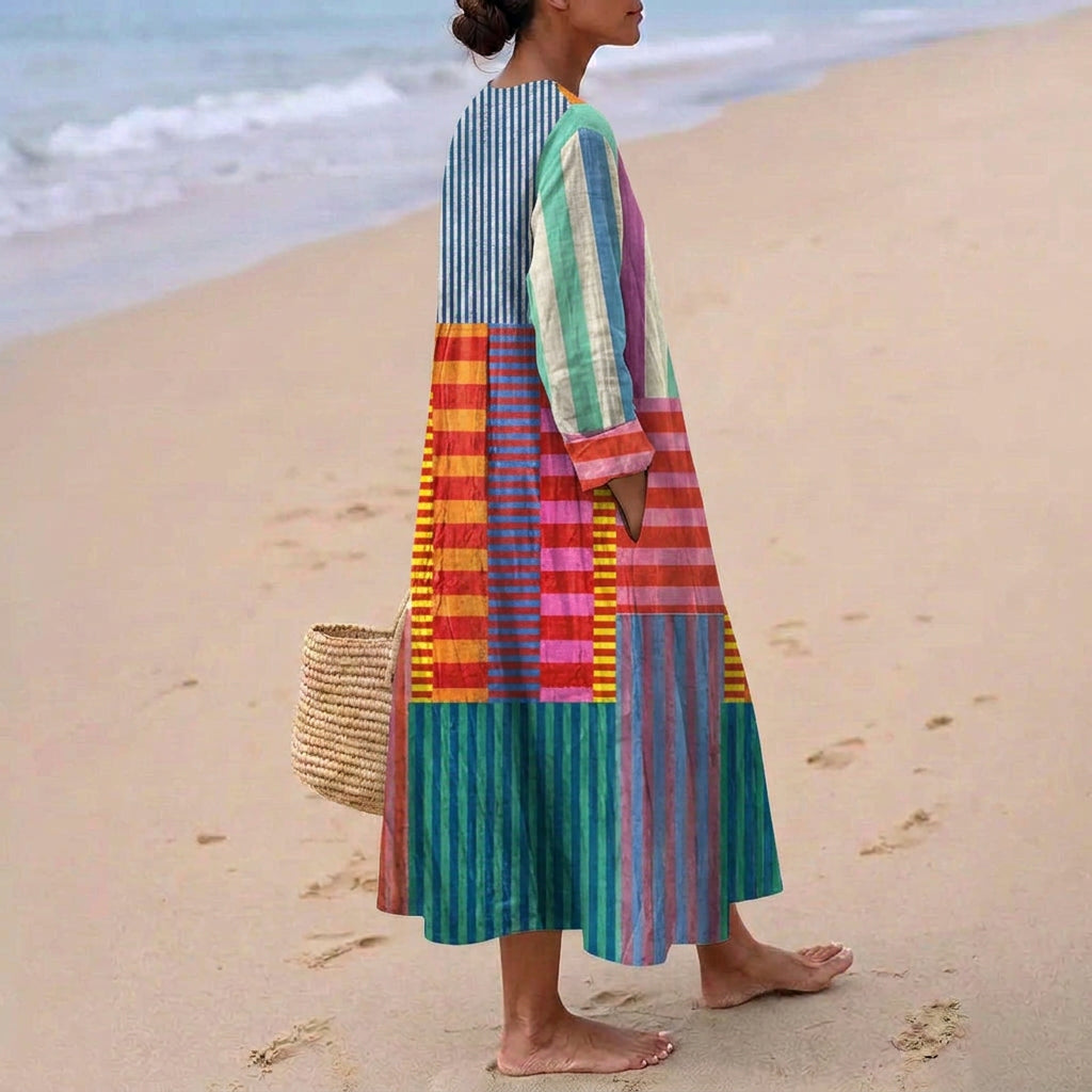Ēva™ | Gara Daudzkrāsaina Patchwork Kleita