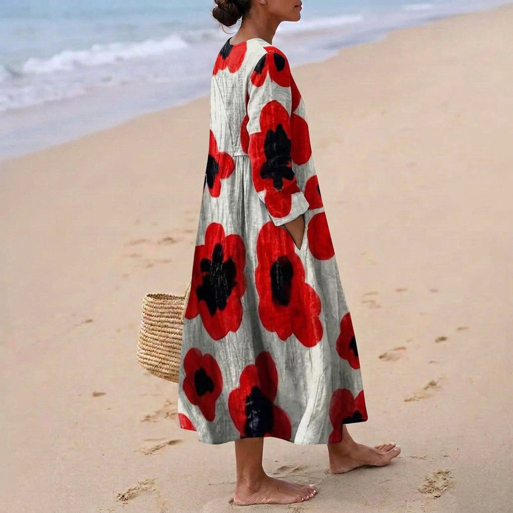 Elva™ | Sarkanā Ziedu Maxi Kleita