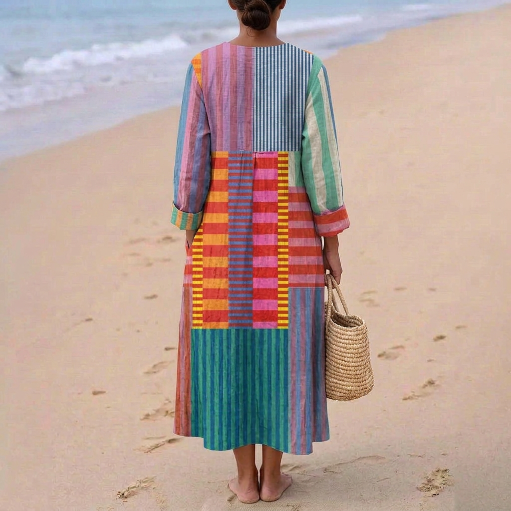 Ēva™ | Gara Daudzkrāsaina Patchwork Kleita