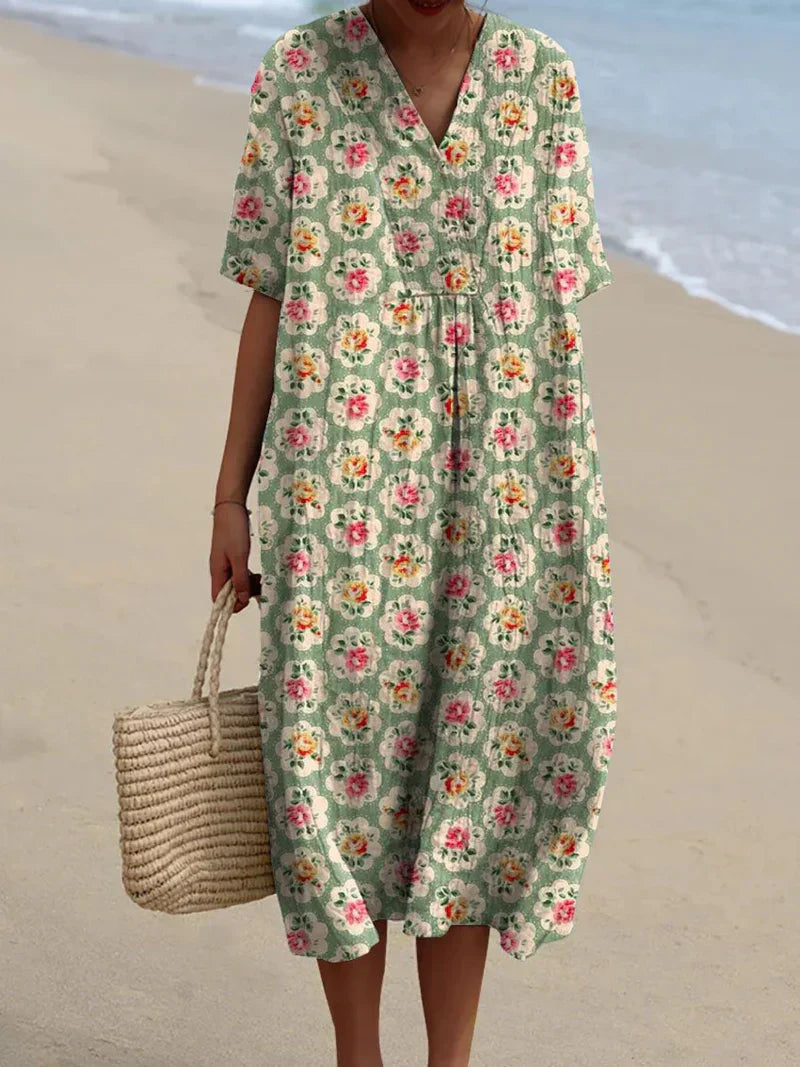 Eiļāllija™ | Retro Ziedu Kleita Ūdens Zaļā Krāsā